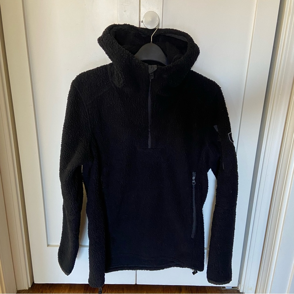kuhl black fleece quarter zip pullover women's zippered pockets hooded